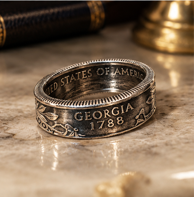 Georgia quarter coin ring with detailed engraved design