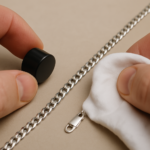 Silver chain being tested with a magnet and white cloth to confirm 925 authenticity