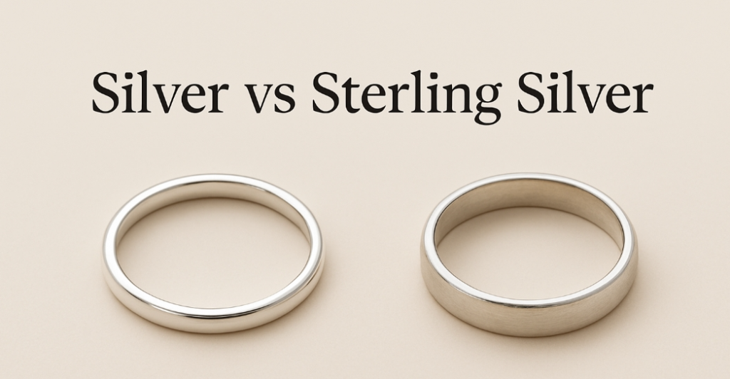 Two rings side by side showing the difference between pure silver and sterling silver with text “Silver vs Sterling Silver”.