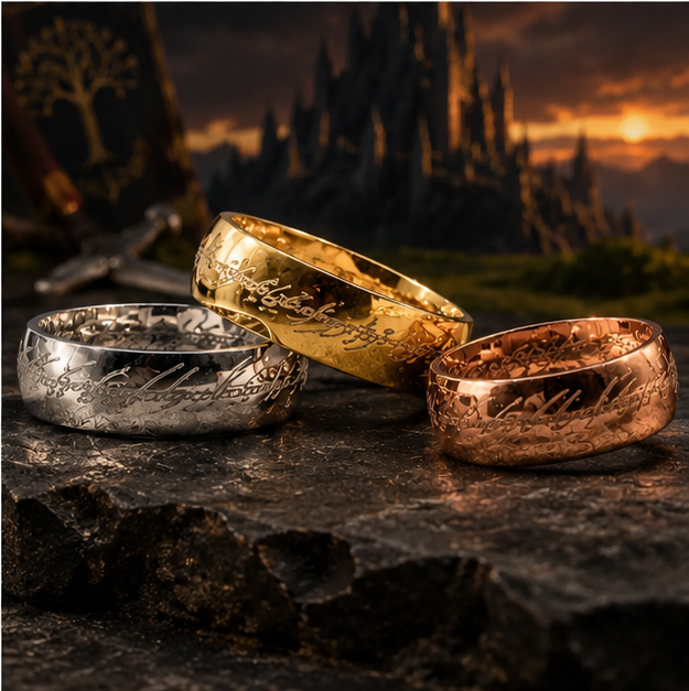 The Lord of the Rings inspired stainless steel ring in silver, gold, and rose gold finishes