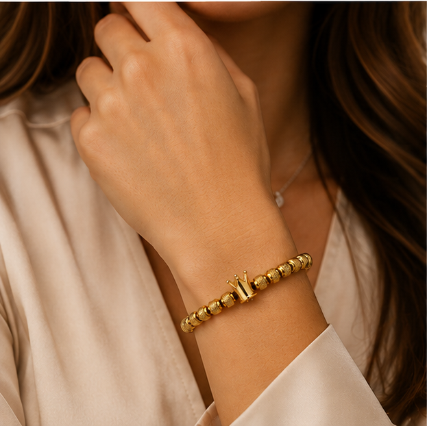 Stainless steel crown beaded bracelet available in gold and silver
