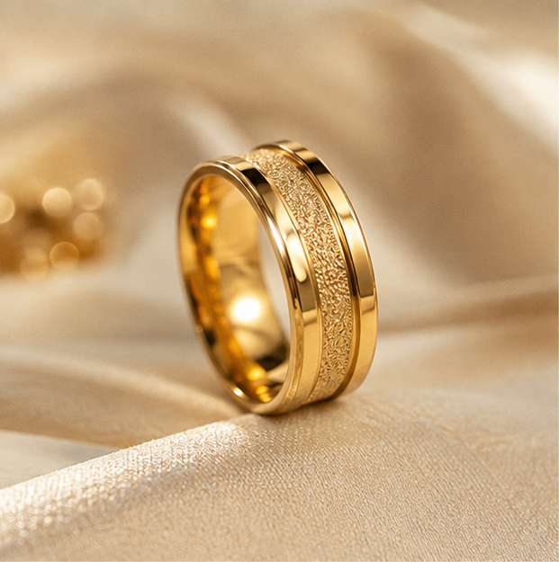 Classic gold band ring with textured center detail
